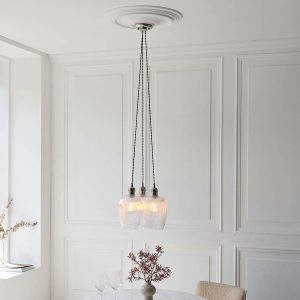 3 light cluster pendant in polished nickel with ribbed glass goblet shades, full height over a dining room table.