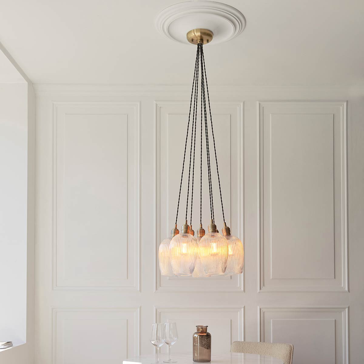 7 Light Cluster Pendant in Antique Brass with Ribbed Glass