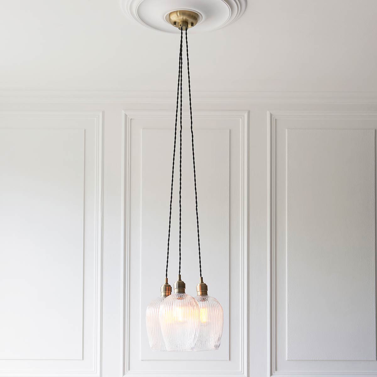 3 Light Cluster Pendant in Antique Brass with Ribbed Glass