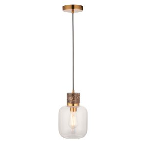 Travi single light pendant in aged brass with clear glass shade and solid brown marble collar.