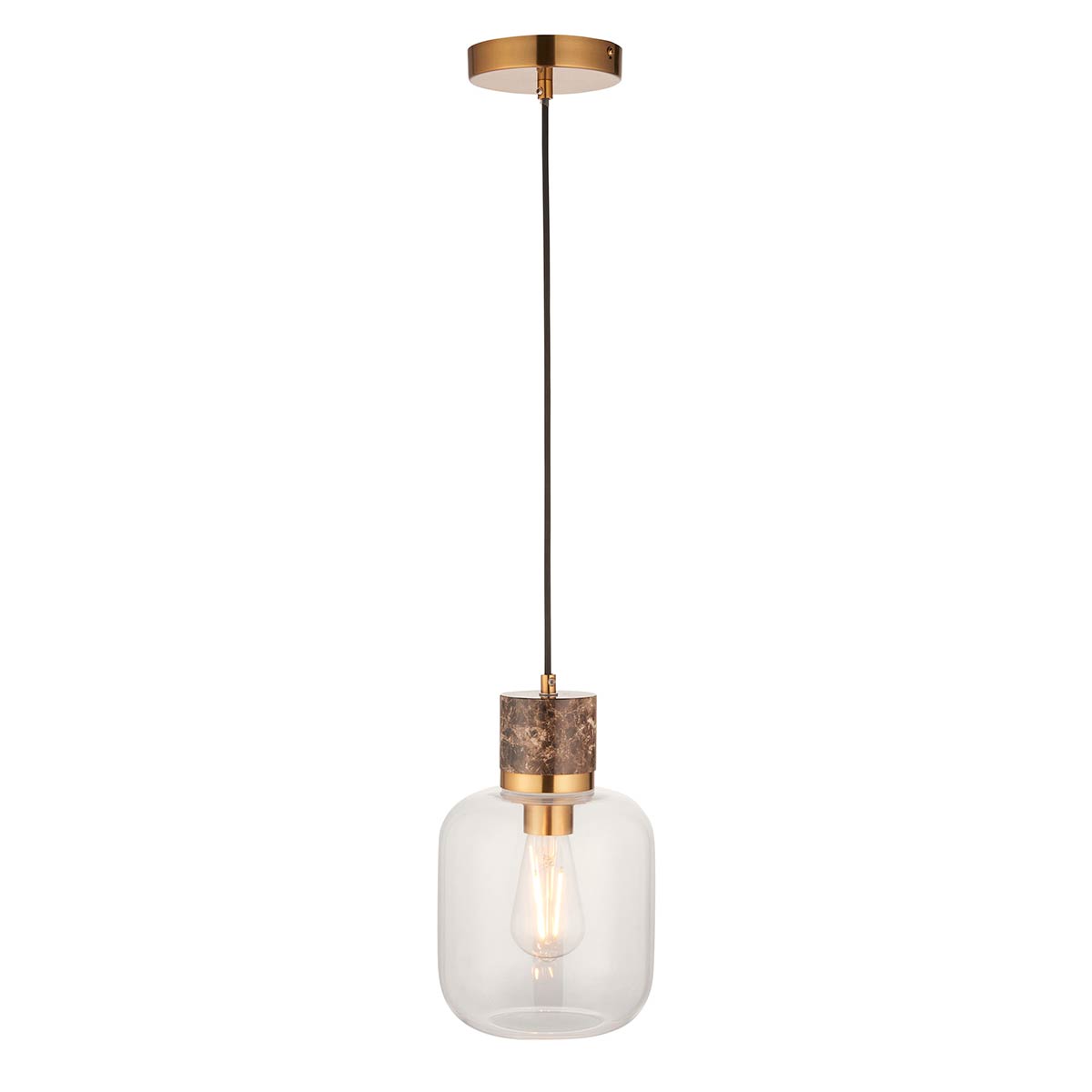 Travi single light pendant in aged brass with clear glass shade and solid brown marble collar.