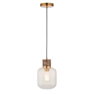 Travi single light pendant in aged brass with ribbed glass shade and solid brown marble collar.