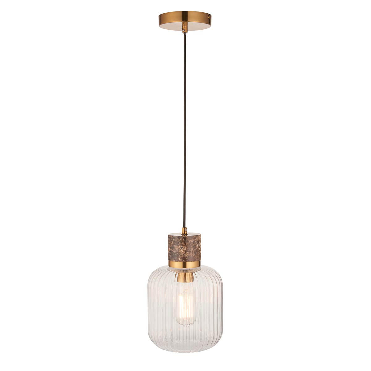 Travi single light pendant in aged brass with ribbed glass shade and solid brown marble collar.