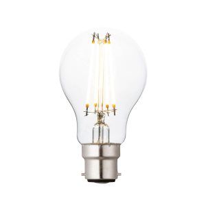 B22 LED filament GLS light bulb in warm white with 806 lumens, on white background.