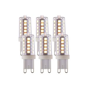 A 6 pack of bright 3.7W warm white G9 dimmable LED bulbs with 470 lumens on white background.