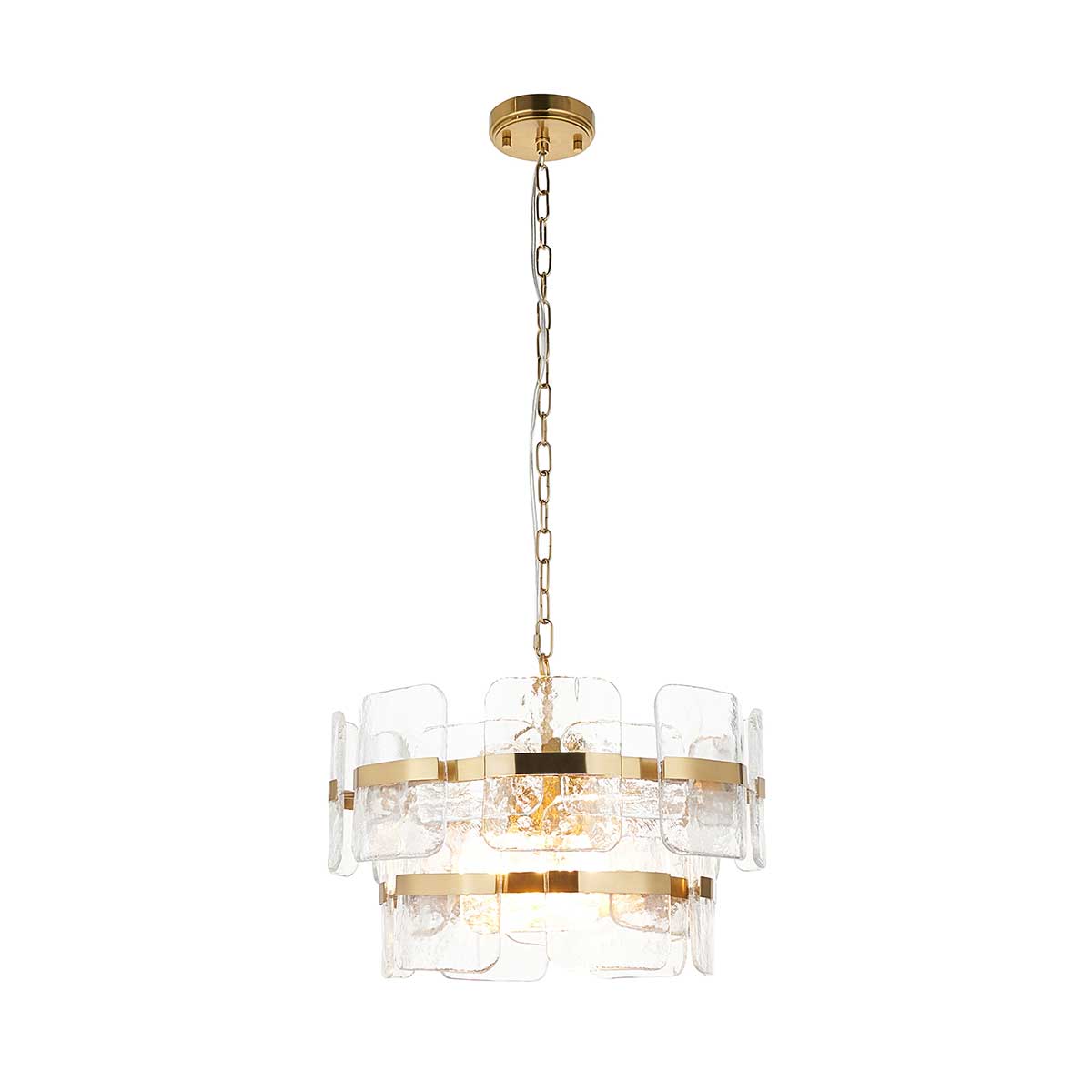 Ancara Clear Textured Glass 3 Light Pendant in Brushed Brass