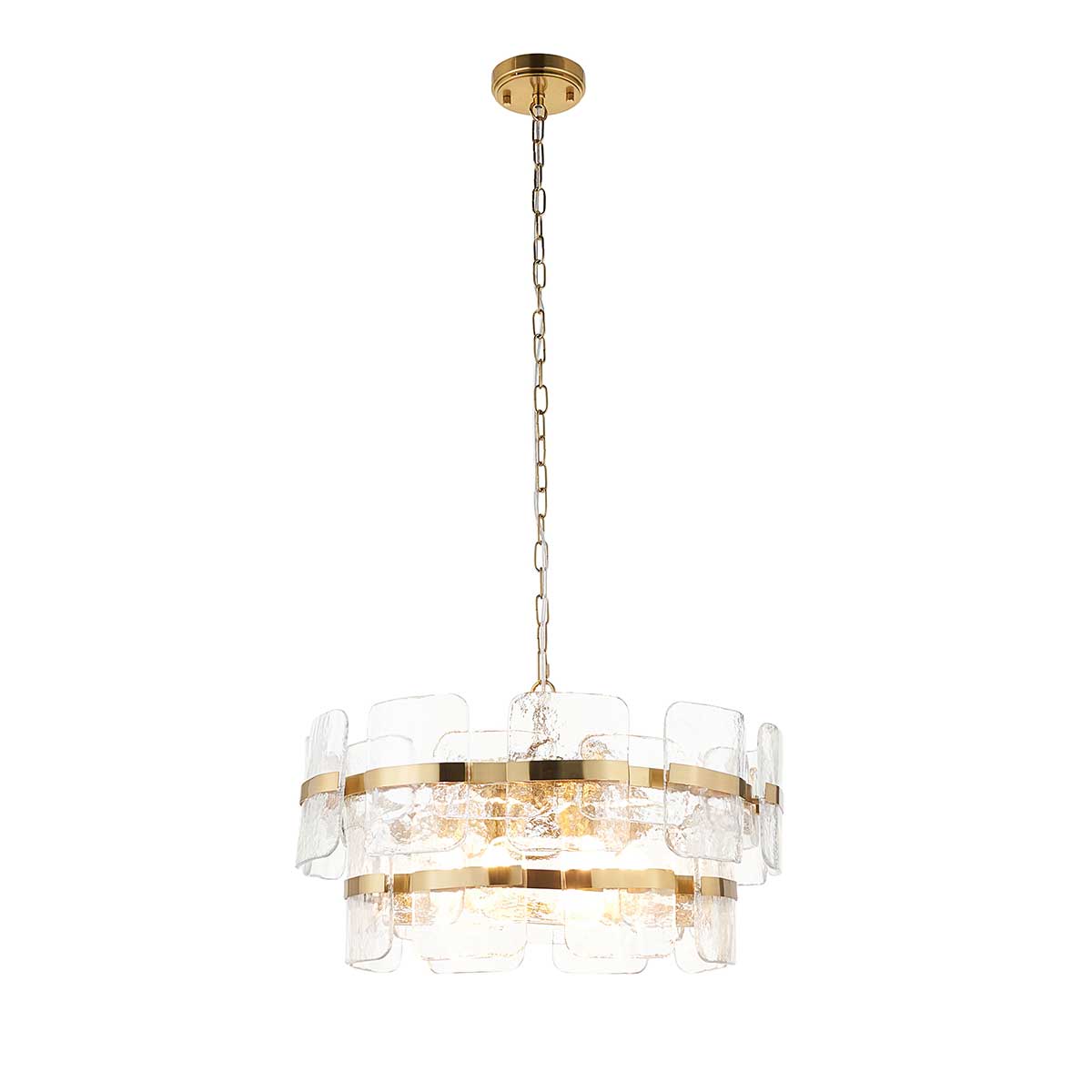 Ancara Clear Textured Glass 6 Light Pendant in Brushed Brass