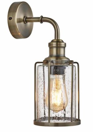 Pipes 1 Light wall light antique brass with seeded glass