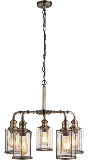 Pipes 5 light chandelier pendant antique brass seeded glass