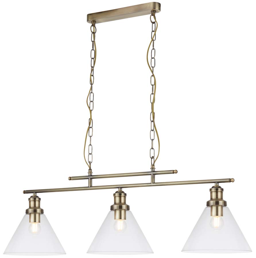 Pyramid 3 Light Pendant Ceiling Light Bar Antique Brass Clear Glass