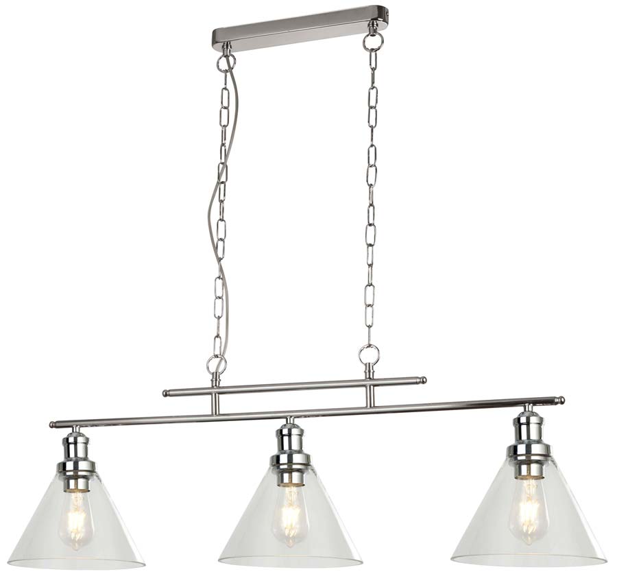 Pyramid 3 Light Pendant Ceiling Light Bar Polished Chrome Clear Glass