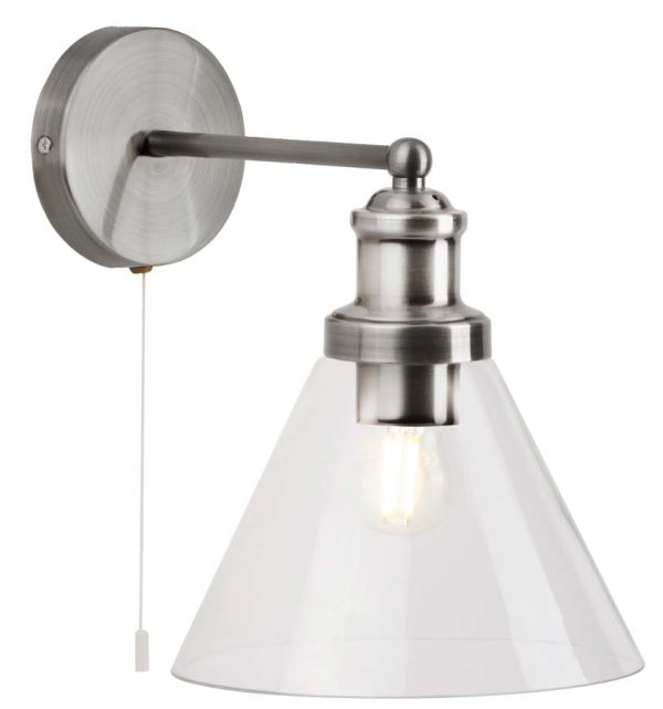 Pyramid 1 Light Switched Wall Light Satin Silver Clear Glass