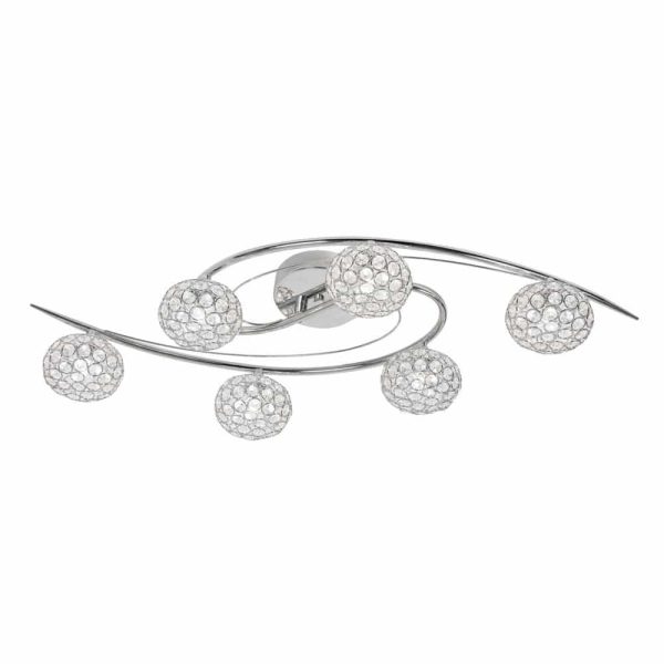 Eva 6 lamp flush low ceiling light in polished chrome with crystal glass shades main image