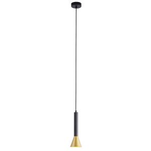 Signal modern pendant light in matt black and satin gold on white background lit