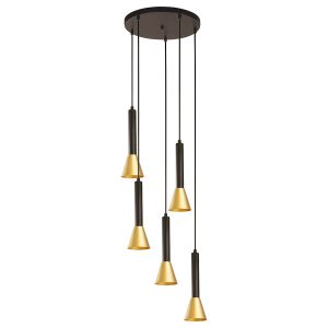 Signal modern 5 light spiral pendant in matt black and satin gold on white background