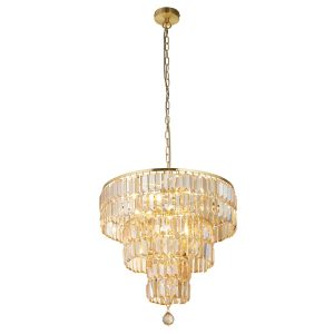 Empire elegant 5 light champagne crystal chandelier in satin brass on white background lit