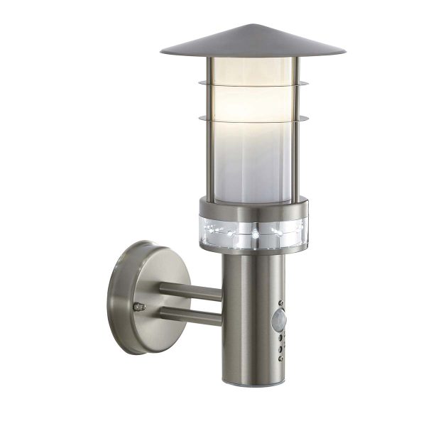 Pagoda outdoor PIR sensor wall light in stainless steel on white background lit