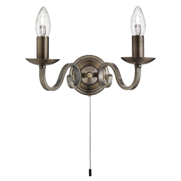 Richmond traditional switched twin wall light in antique brass, full size on white background