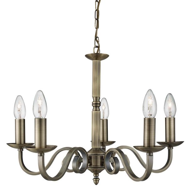 Richmond antique brass 5 light dual mount chandelier on white background