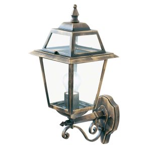 New Orleans upward outdoor lantern wall light in black and gold main image on white background