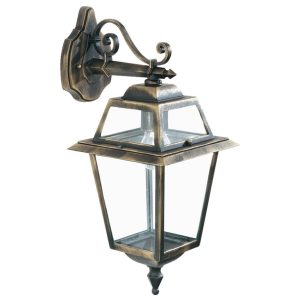 New Orleans downward outdoor lantern wall light in black and gold on white background