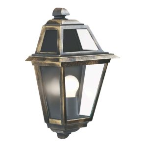 New Orleans flush outdoor wall lantern in black and gold on white background