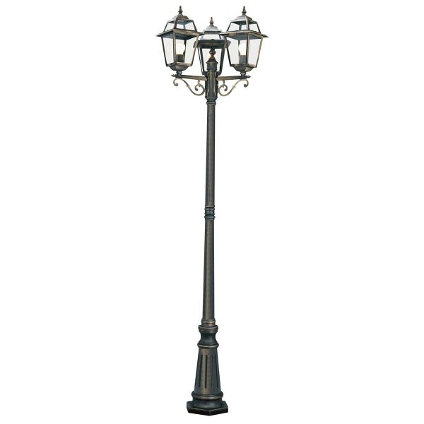 New Orleans black and gold 3 head garden lamp post, full height on white background