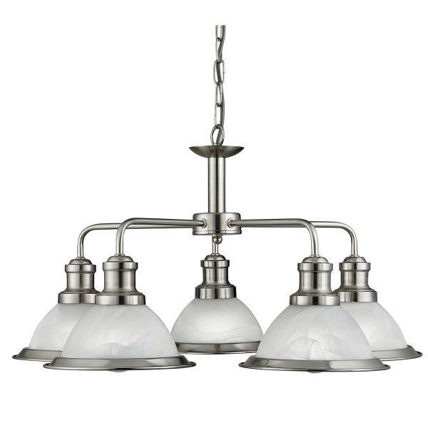 Bistro 5 pendant chandelier in satin silver on white background