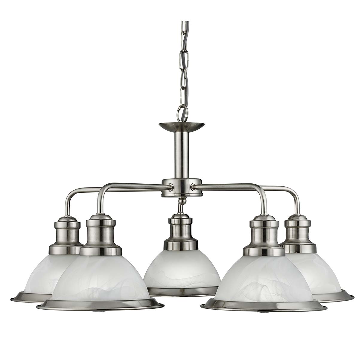 Bistro 5 Light Pendant Chandelier Satin Silver Acid Glass