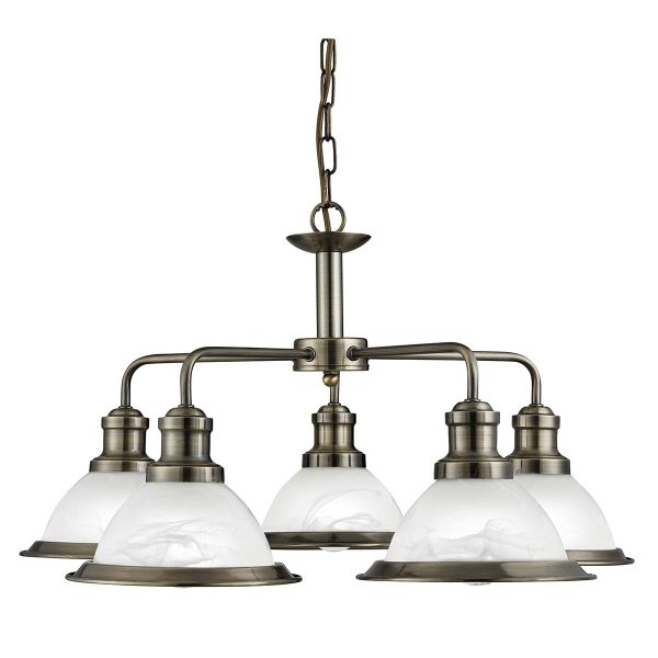 Bistro 5 light pendant chandelier in antique brass on white background