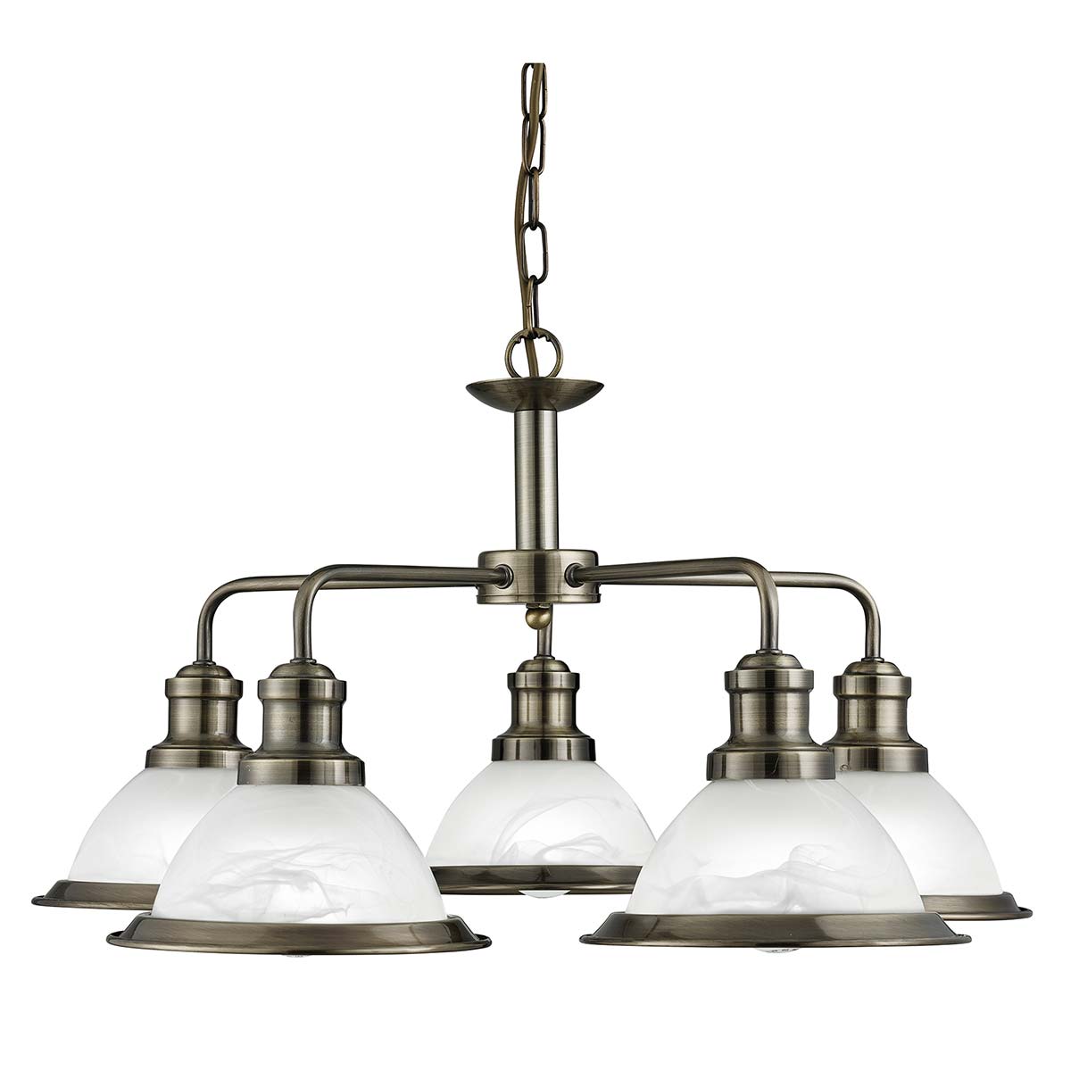 Bistro 5 Light Pendant Chandelier Antique Brass Acid Glass