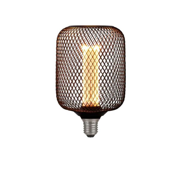 Black wire mesh drum 3.5w dimmable LED lamp bulb for E27 lamp holders on white background lit