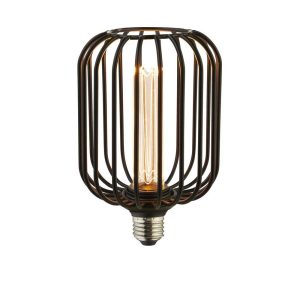 Black wire drum cage 3.5w dimmable LED lamp bulb for E27 lamp holders on white background lit