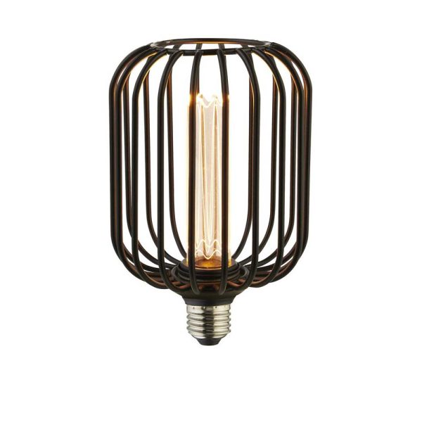 Black wire drum cage 3.5w dimmable LED lamp bulb for E27 lamp holders on white background lit