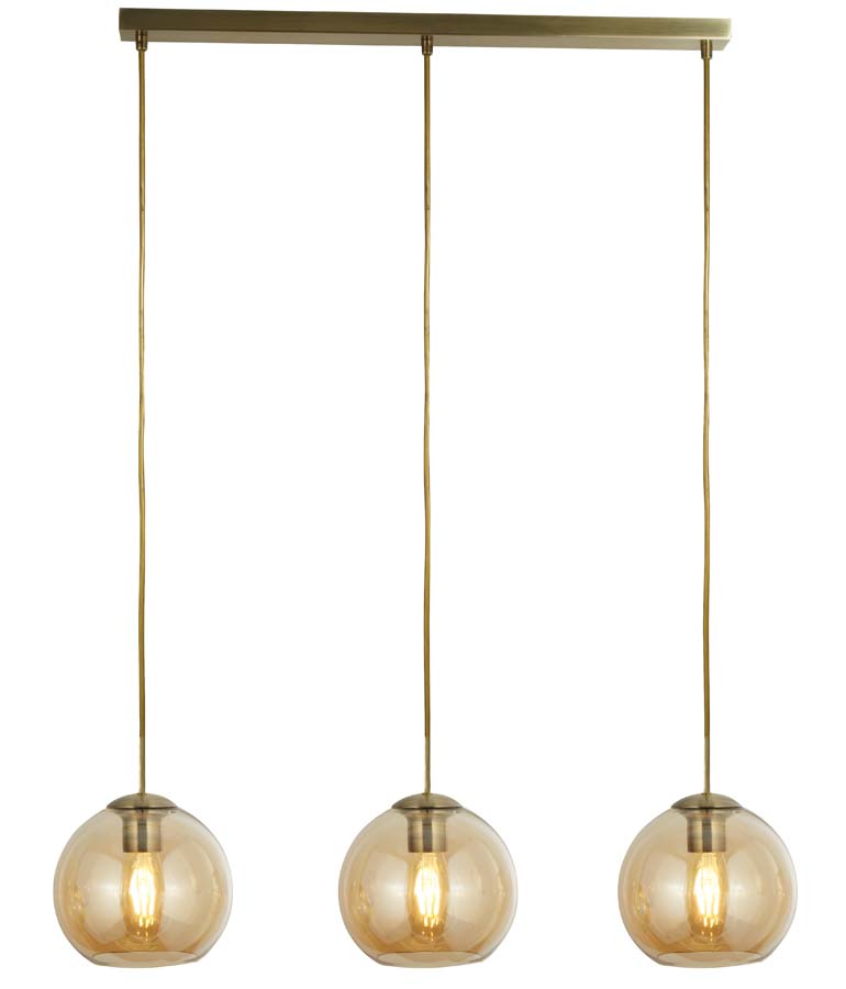 Balls 3 Light Amber Glass Ceiling Pendant Bar Antique Brass