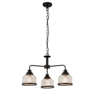 Highworth round 3 light ceiling pendant in matt black with Holophane glass shades on white background lit