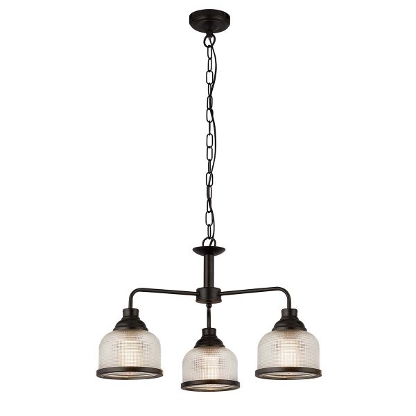 Highworth round 3 light ceiling pendant in matt black with Holophane glass shades on white background lit