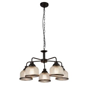 Highworth 5 light chandelier in matt black with Holophane glass shades on white background lit