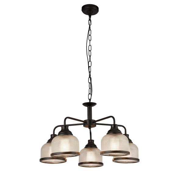 Highworth 5 light chandelier in matt black with Holophane glass shades on white background lit
