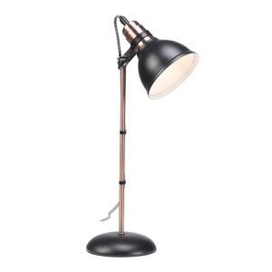 Amka adjustable desk reading lamp in black and copper on white background