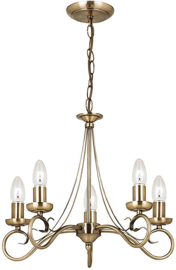 Antique Brass 5 Lamp Scroll Arm Ceiling Light