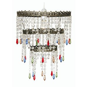 Ekon 3 tier large ceiling lamp shade in antique brass with multi coloured glass main image