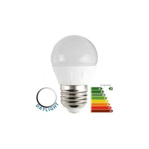 4w LED ES - E27 frosted golf ball bulb in daylight white, with energy rating.