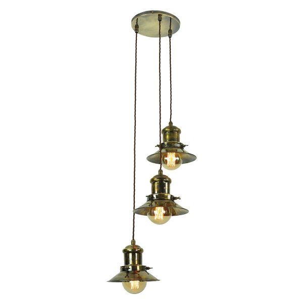 Small Edison vintage industrial style 3 light ceiling pendant in solid antique brass full height