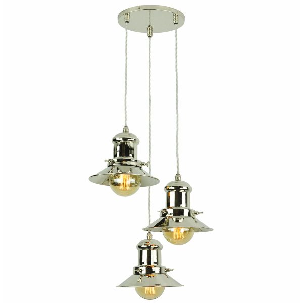 Small Edison vintage industrial style 3 light ceiling pendant in polished nickel full height