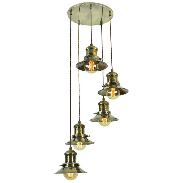 Small Edison vintage style 5 light multi level ceiling pendant in solid antique brass full height