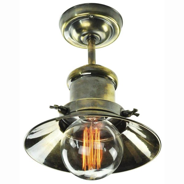 Small Edison vintage industrial style flush ceiling light in solid antique brass