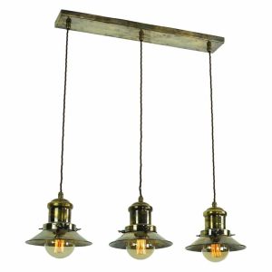 Edison vintage style small 3 light ceiling pendant bar, solid antique brass