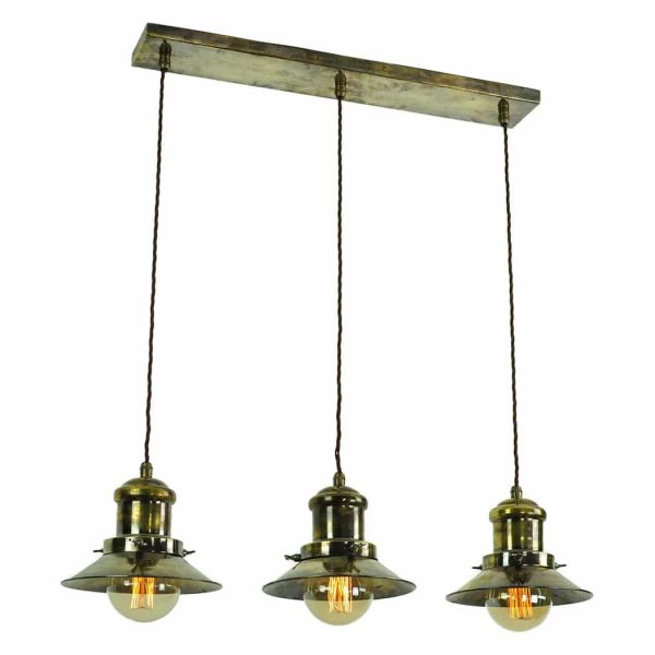 Edison vintage style small 3 light ceiling pendant bar, solid antique brass