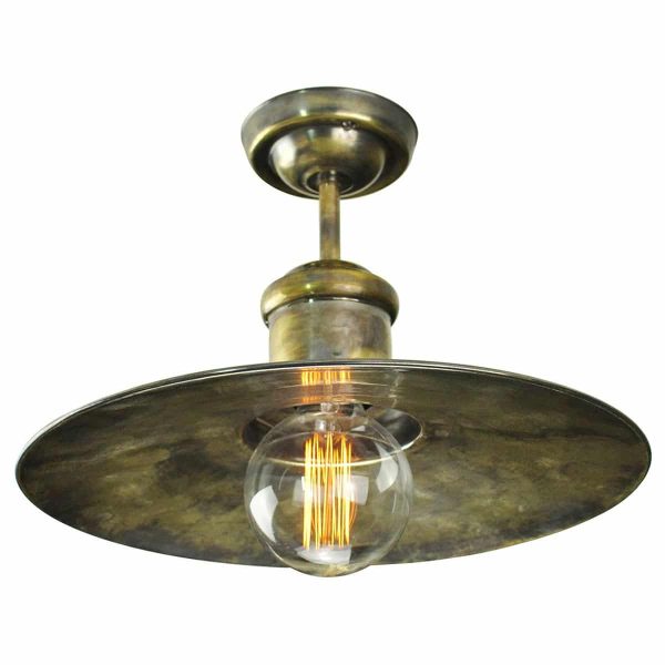 Edison large shade vintage style flush ceiling light in solid antique brass